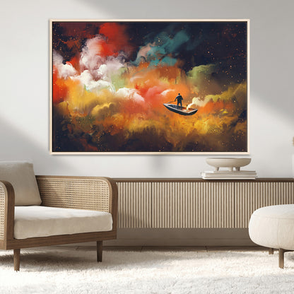 45085-MGV-CV-36X24-Surreal Cosmic Wall Art – Abstract Galaxy Dreamscape Canvas Print with Man and Dog in Boat, Fantasy Nebula Painting for Living