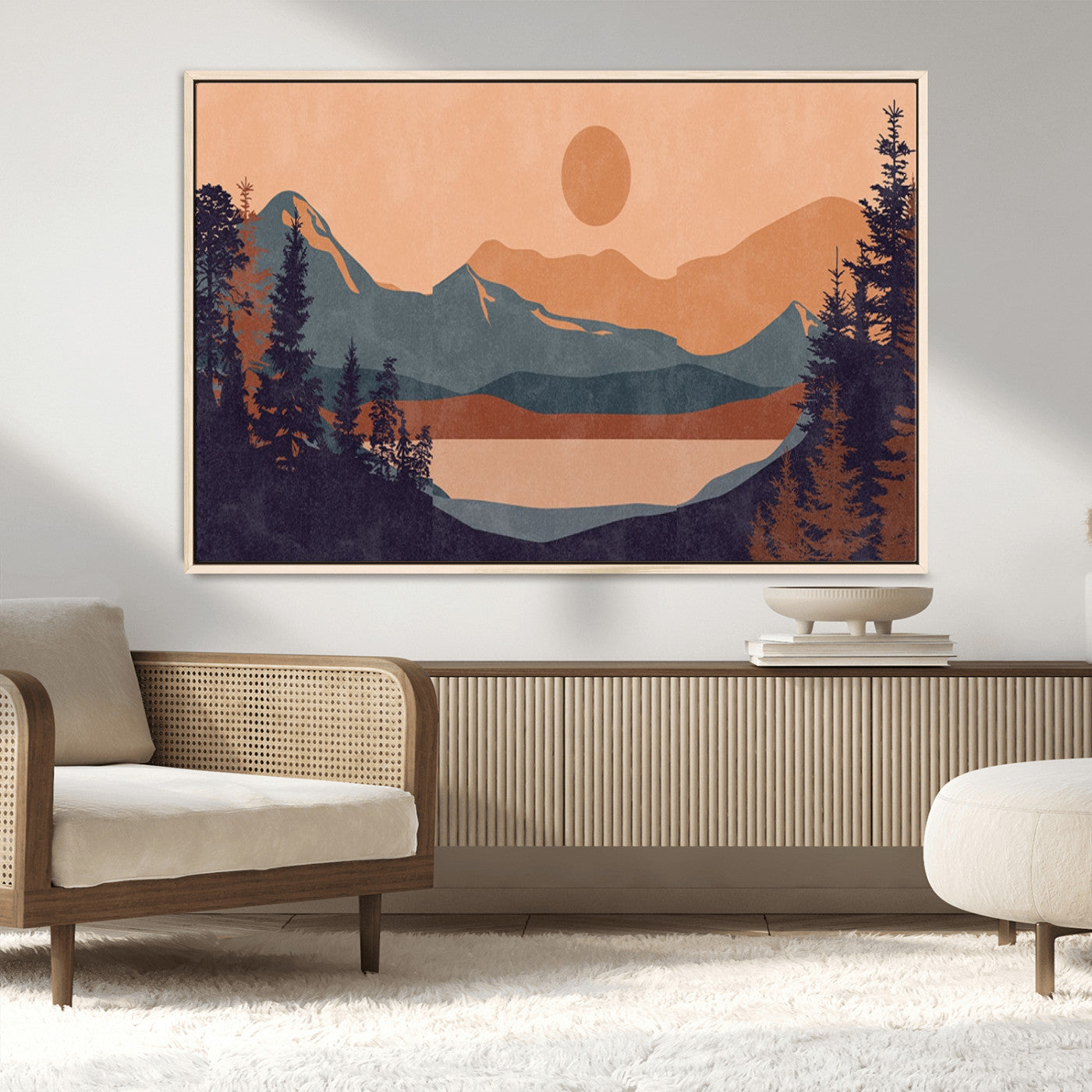 62795-MGV-CV-36X24-Minimalist Mountain Landscape Wall Art – Abstract Sunset Over Peaks and Pine Trees Canvas Print, Modern Nature Decor for Living