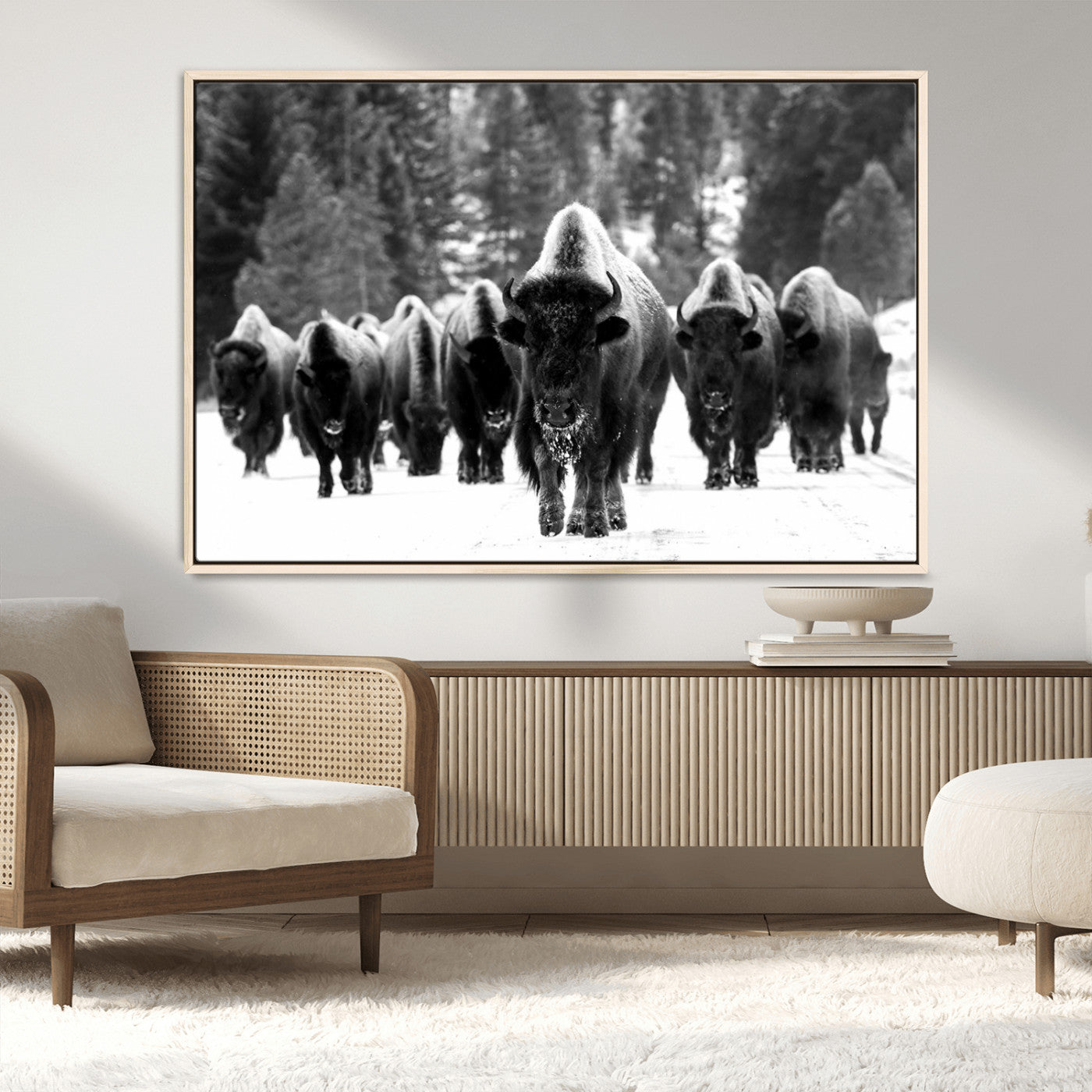 62434-MGV-CV-36X24-Bison Herd Wall Art – Majestic Black and White Buffalo Canvas Print, Wildlife Nature Photography Decor for Living Room, Office or