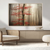 61855-MGV-CV-36X24-Misty Forest Wall Art – Red Tree with Autumn Leaves Canvas Print, Moody Woodland Nature Decor for Living Room, Bedroom, or Office