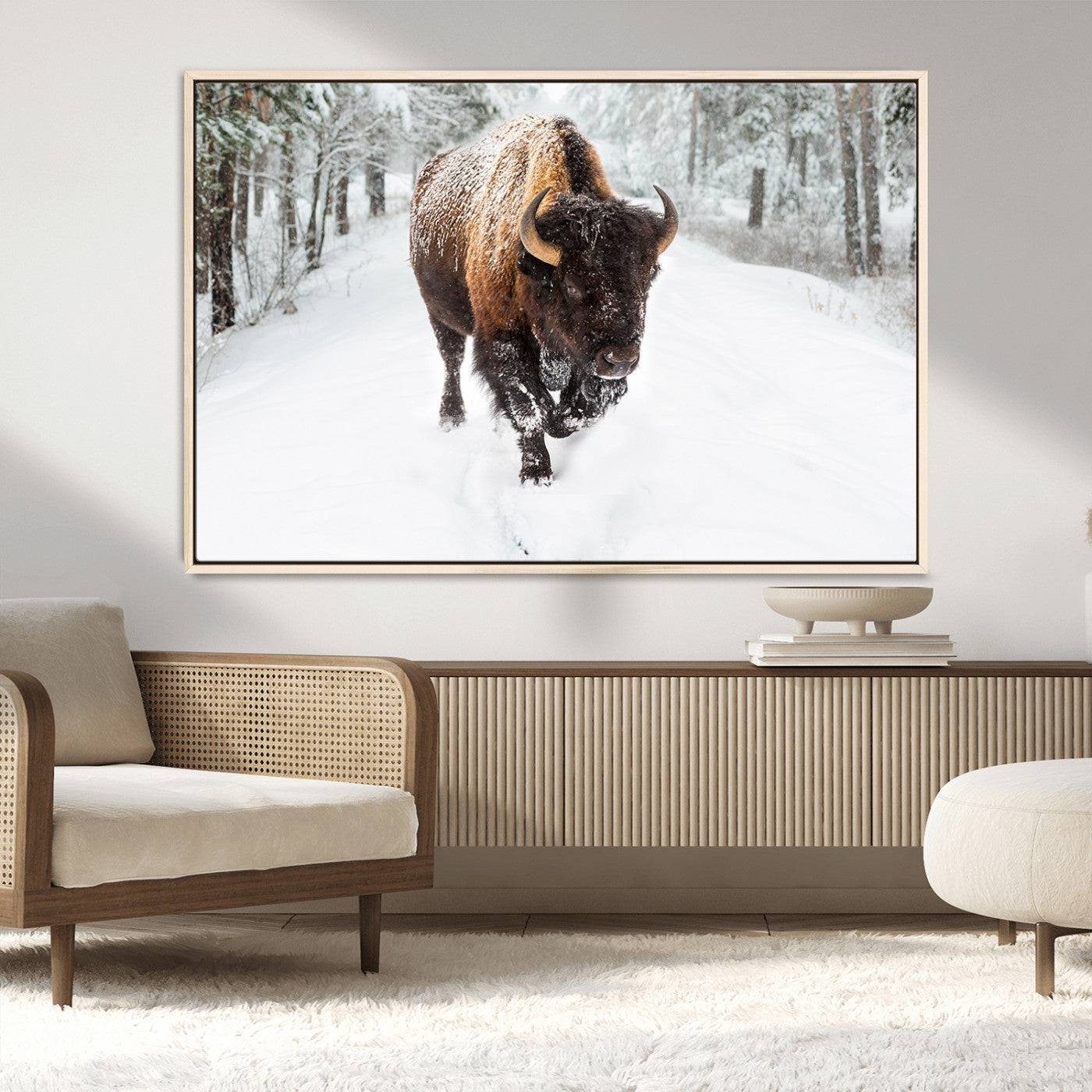 84699-MGV-CV-36X24-Bison in Winter Wall Art – Majestic Buffalo Canvas Print with Snowy Forest Landscape, Rustic Wildlife Artwork for Cabin, Living