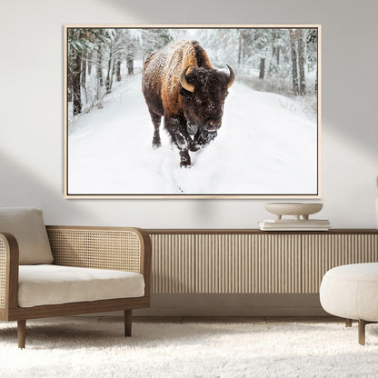 84699-MGV-CV-36X24-Bison in Winter Wall Art – Majestic Buffalo Canvas Print with Snowy Forest Landscape, Rustic Wildlife Artwork for Cabin, Living