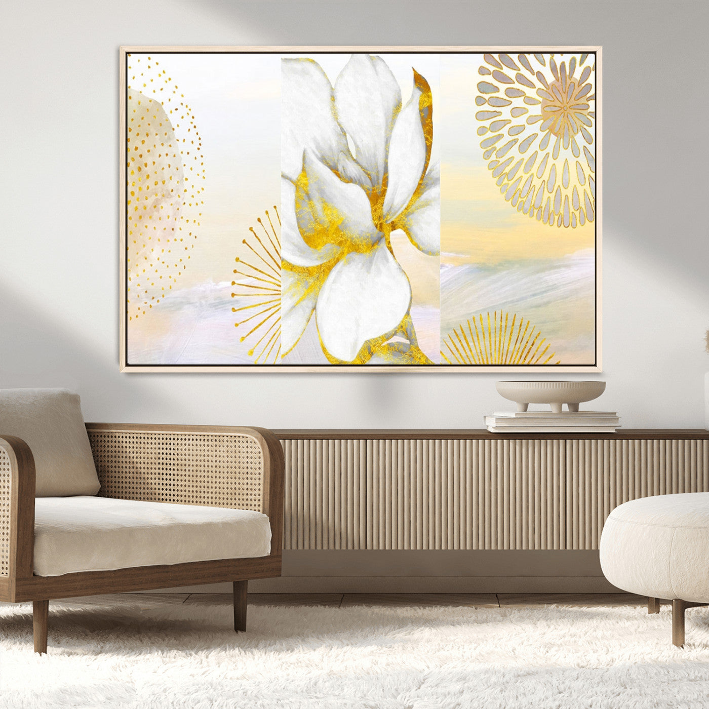 82301-MGV-CV-36X24-Modern Floral Wall Art – White Flower with Gold Detailing Canvas Print, Elegant Abstract Artwork for Living Room, Bedroom, or