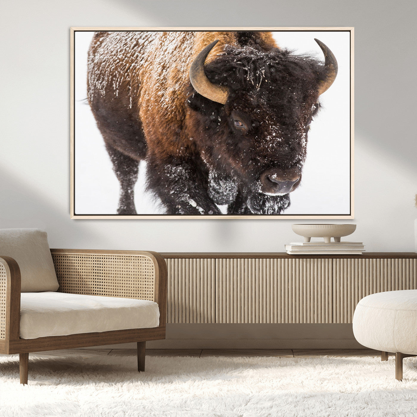 65605-MGV-CV-36X24-Snow Bison Wall Art – Close Up Buffalo Canvas Print, Rustic Western Wildlife Photography, Farmhouse Cabin Lodge Decor for Living