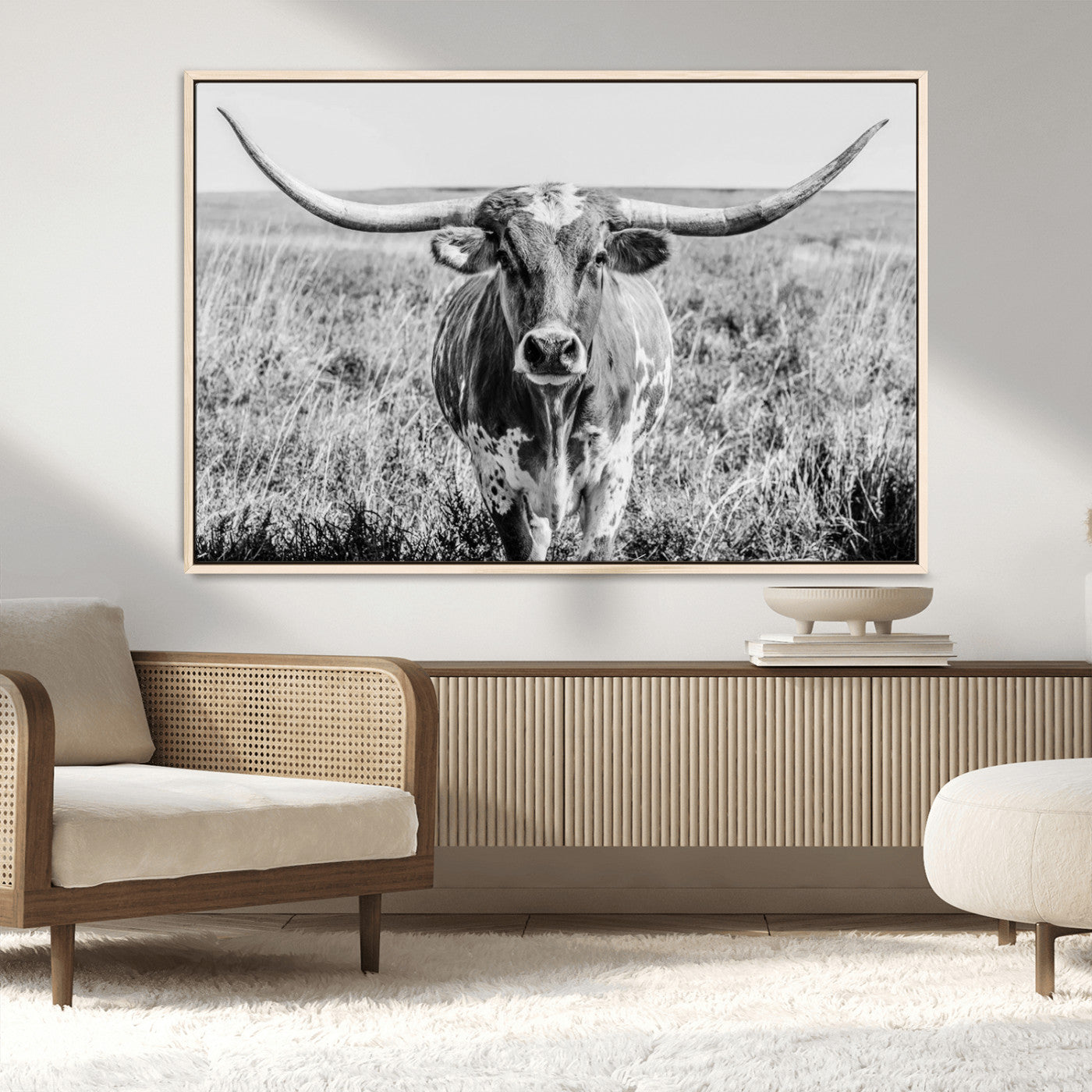 77320-MGV-CV-36X24-Texas Longhorn Wall Art – Black and White Western Cattle Canvas Print, Rustic Farmhouse Animal Photography Decor for Living Room,