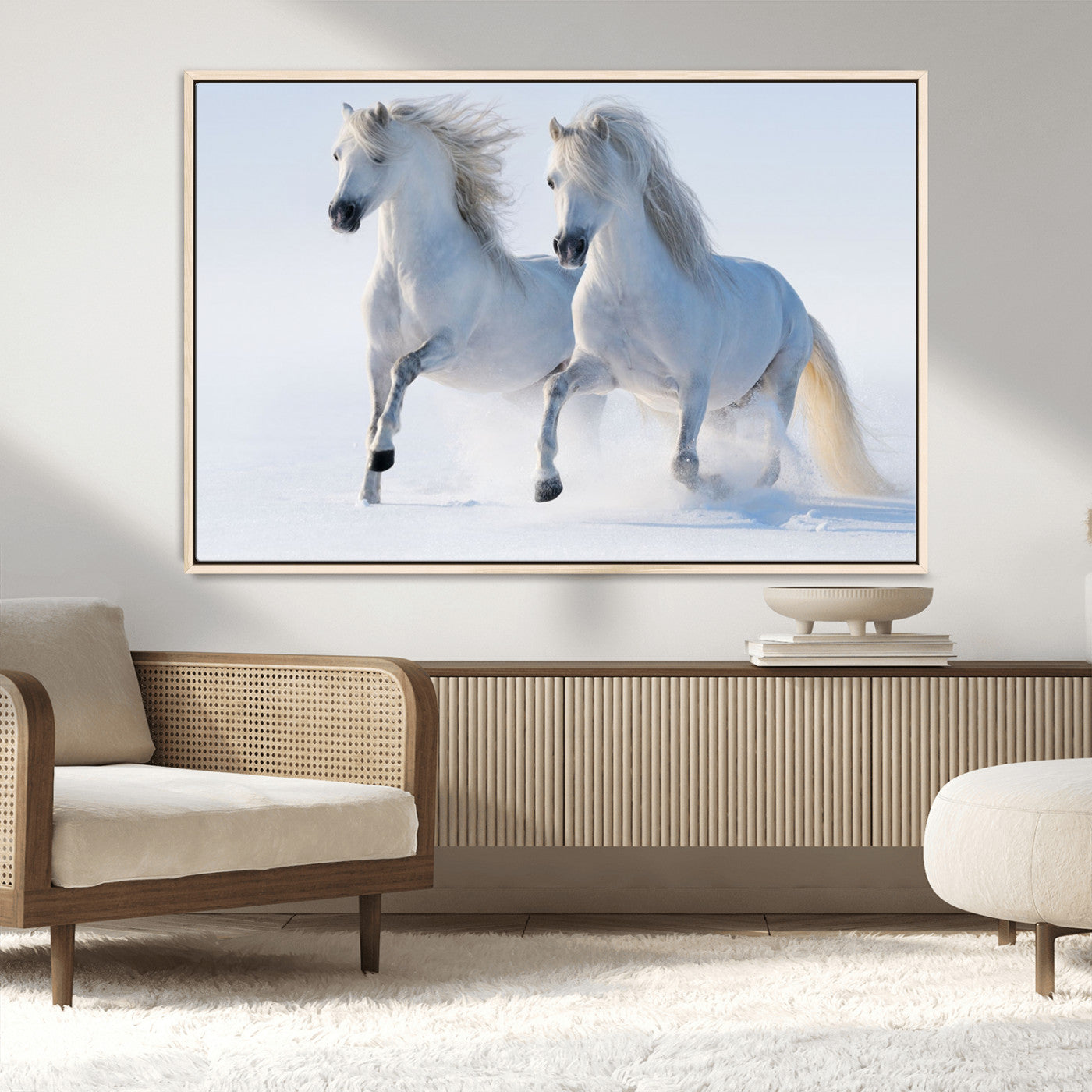 80145-MGV-CV-36X24-White Horses Running Snow Wall Art – Majestic Equine Canvas Print, Winter Nature Photography Decor for Living Room, Office,