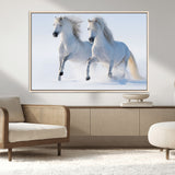80145-MGV-CV-36X24-White Horses Running Snow Wall Art – Majestic Equine Canvas Print, Winter Nature Photography Decor for Living Room, Office,