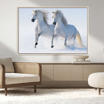80145-MGV-CV-36X24-White Horses Running Snow Wall Art – Majestic Equine Canvas Print, Winter Nature Photography Decor for Living Room, Office,
