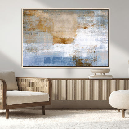 72354-MGV-CV-36X24-Blue and Gold Abstract Wall Art – Modern Minimalist Canvas Print, Textured Contemporary Painting for Living Room, Bedroom, or