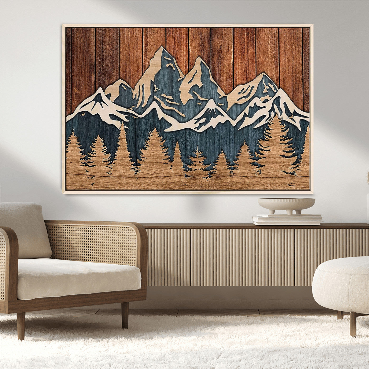 41330-MGV-CV-36X24-Rustic Mountain Wall Art – Wooden Nature Scene with Trees and Peaks, Handmade 3D Layered Decor for Living Room, Cabin or Office
