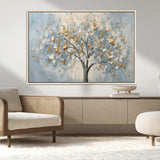 65811-MGV-CV-36X24-Abstract Tree Wall Art – Textured Canvas Painting with Gold and White Leaves, Modern Nature Inspired Decor for Living Room or