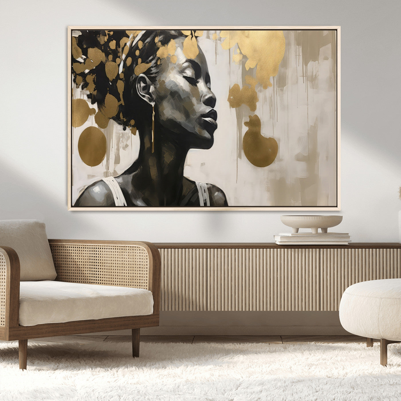 65669-MGV-FC-36X24_Natural-Elegant Black Woman Wall Art – Modern Abstract Portrait Canvas with Gold Accents, Contemporary Afrocentric Decor for Living Room