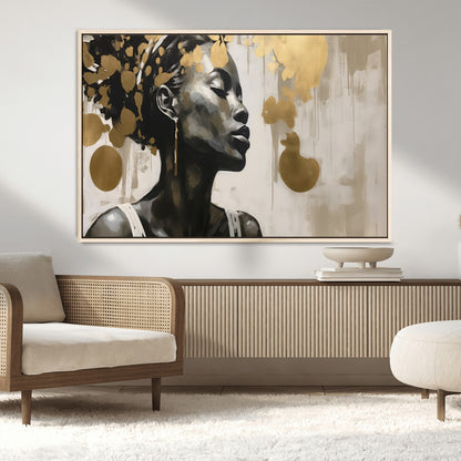 65669-MGV-FC-36X24_Natural-Elegant Black Woman Wall Art – Modern Abstract Portrait Canvas with Gold Accents, Contemporary Afrocentric Decor for Living Room