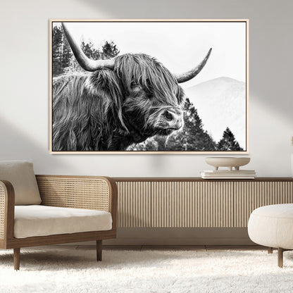 61570-MGV-FC-36X24_Natural-Highland Cow Wall Art – Black and White Scottish Bull Canvas Print, Rustic Farmhouse Animal Decor for Living Room, Bedroom, or