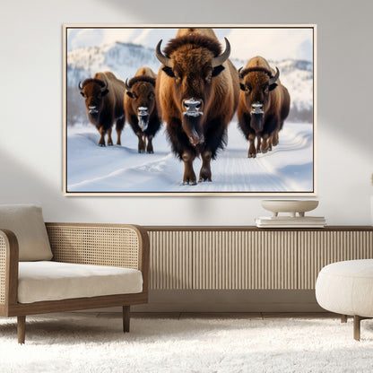 56701-MGV-CV-36X24-Bison Herd Wall Art – Buffalo Walking in Snowy Mountains Canvas Print, Rustic Wildlife Decor for Cabin, Lodge, or Living Room