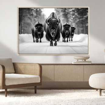 45287-MGV-CV-36X24-Bison Herd Wall Art – Black and White Buffalo Snow Road Canvas Print, Rustic Wildlife Decor for Cabin, Lodge or Living Room