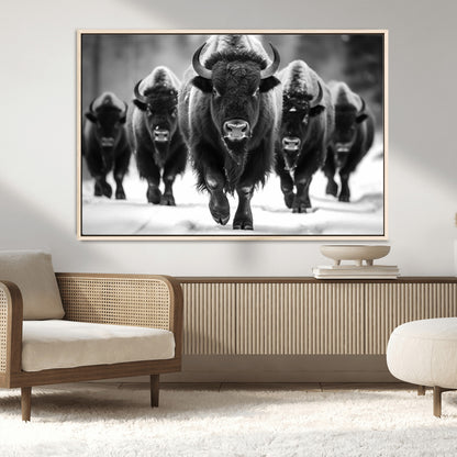 79872-MGV-FC-36X24_Natural-Bison Herd Wall Art – Black and White Buffalo on Snow Canvas Print, Rustic Wildlife Decor for Lodge, Cabin, or Living Room