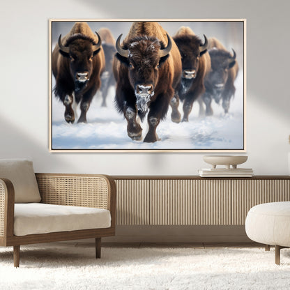 80512-MGV-FC-36X24_Natural-Bison Herd Wall Art – Buffalo Running in Snow Canvas Print, Rustic Wildlife Photography Decor for Cabin, Lodge, or Living Room