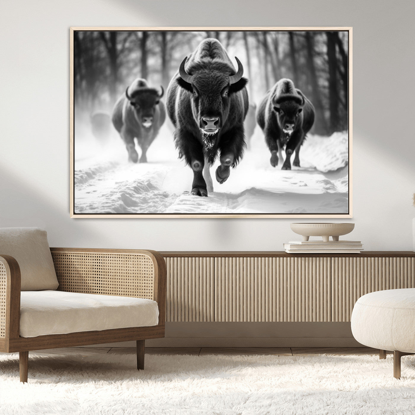 97552-MGV-CV-36X24-Black and White Bison Wall Art – Buffalo Herd Running in Snow Canvas Print, Rustic Wildlife Photography Decor for Cabin, Lodge, or