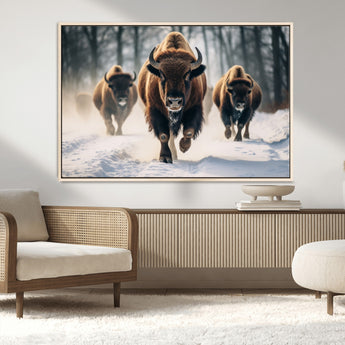 56549-MGV-CV-36X24-Wild Bison Wall Art – Majestic Buffalo Herd Running in Snow Canvas Print, Rustic Wildlife Photography Decor for Cabin, Lodge, or