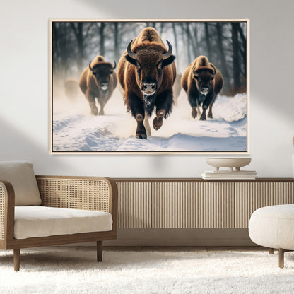 56549-MGV-CV-36X24-Wild Bison Wall Art – Majestic Buffalo Herd Running in Snow Canvas Print, Rustic Wildlife Photography Decor for Cabin, Lodge, or
