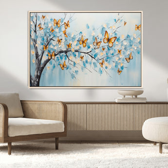 59455-MGV-FC-36X24_Natural-Butterfly Tree Branch Wall Art – Blue and Yellow Abstract Canvas Print, Modern Nature Artwork for Living Room, Bedroom or Office