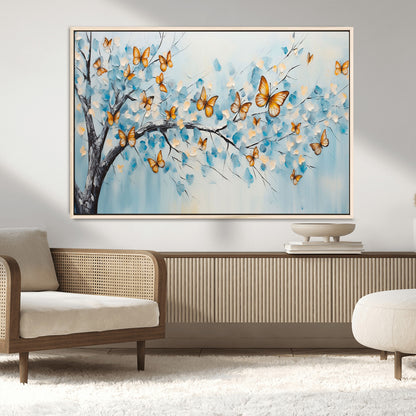 59455-MGV-FC-36X24_Natural-Butterfly Tree Branch Wall Art – Blue and Yellow Abstract Canvas Print, Modern Nature Artwork for Living Room, Bedroom or Office