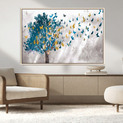 37564-MGV-CV-36X24-Butterfly Tree Wall Art – Modern Nature Canvas Print with Blue and Golden Butterflies, Elegant Decorative Painting for Living Room