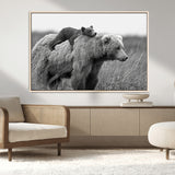 76338-MGV-CV-36X24-Mother Bear and Cub Wall Art – Black and White Wildlife Canvas Print, Rustic Nature Photography for Cabin, Living Room or Office