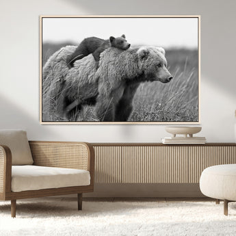 76338-MGV-CV-36X24-Mother Bear and Cub Wall Art – Black and White Wildlife Canvas Print, Rustic Nature Photography for Cabin, Living Room or Office