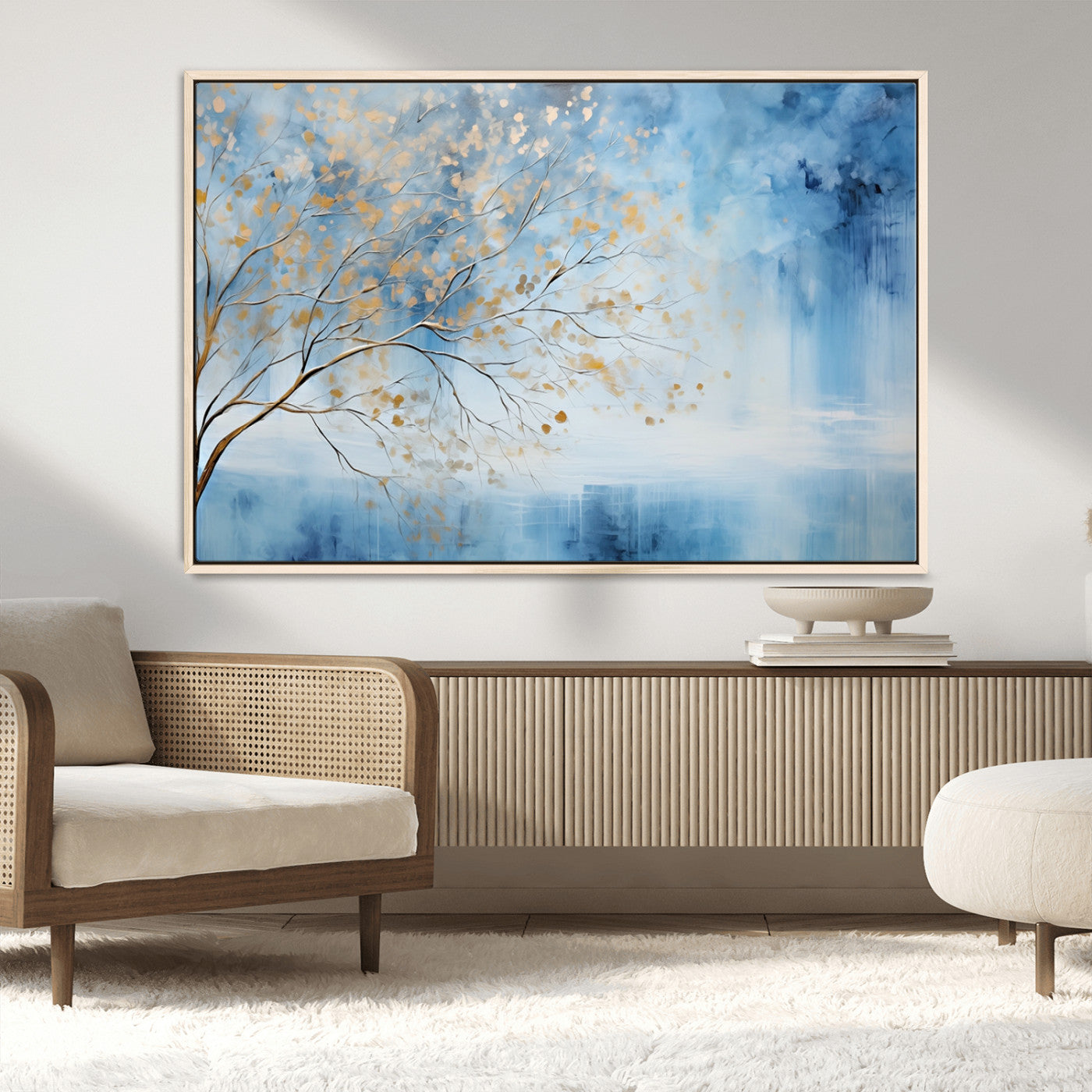 23891-MGV-CV-36X24-Abstract Tree Wall Art – Minimalist Blue and Gold Canvas Painting, Elegant Nature-Inspired Artwork for Living Room, Bedroom or