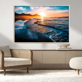 26494-MGV-FC-36X24_Natural-Ocean Sunset Wall Art – Scenic Beach Canvas Print with Waves and Mountains, Coastal Seascape Photography for Living Room, Bedroom