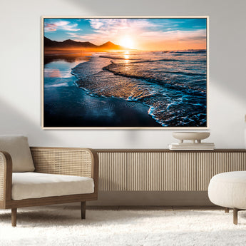 26494-MGV-FC-36X24_Natural-Ocean Sunset Wall Art – Scenic Beach Canvas Print with Waves and Mountains, Coastal Seascape Photography for Living Room, Bedroom