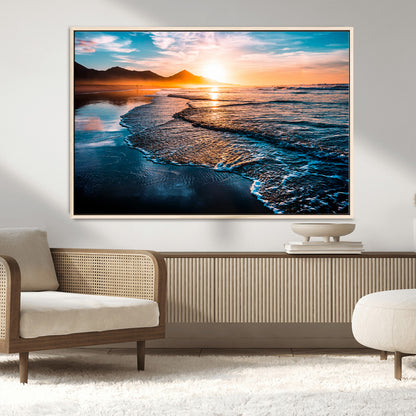 26494-MGV-FC-36X24_Natural-Ocean Sunset Wall Art – Scenic Beach Canvas Print with Waves and Mountains, Coastal Seascape Photography for Living Room, Bedroom