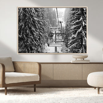 19240-MGV-CV-36X24-Ski Lift Wall Art – Black and White Winter Mountain Canvas Print, Snowy Forest Ski Resort Photography for Cabin, Lodge, Office or