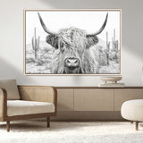 94579-MGV-CV-36X24-Highland Cow Wall Art – Black and White Longhorn Canvas Print, Rustic Western Farmhouse Animal Photography for Living Room,