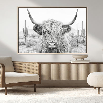 94579-MGV-CV-36X24-Highland Cow Wall Art – Black and White Longhorn Canvas Print, Rustic Western Farmhouse Animal Photography for Living Room,