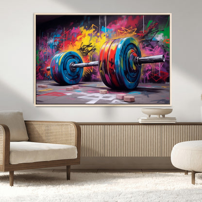 13549-MGV-CV-36X24-Graffiti Gym Wall Art Canvas Print, Framed Graffiti Barbell Art Picture Print, Weightlifting Perfect Fitness Studio Decor Artwork