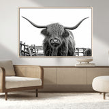 58188-MGV-CV-36X24-Highland Cow Wall Art – Black and White Rustic Farmhouse Canvas Print, Longhorn Cattle Photography Decor for Living Room or