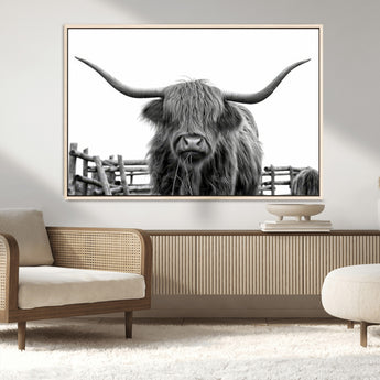 58188-MGV-CV-36X24-Highland Cow Wall Art – Black and White Rustic Farmhouse Canvas Print, Longhorn Cattle Photography Decor for Living Room or