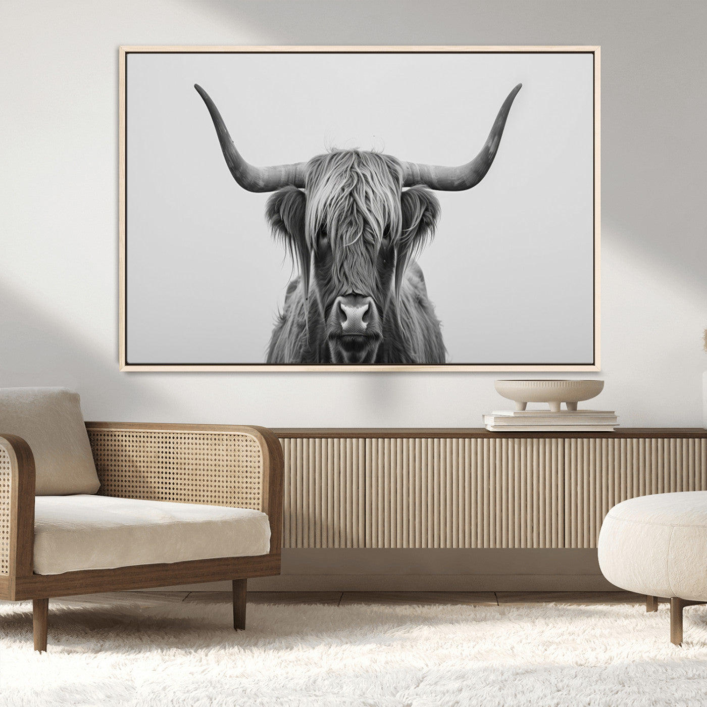 35820-MGV-CV-36X24-Minimalist Highland Cow Wall Art – Black and White Longhorn Cattle Canvas Print, Modern Farmhouse Animal Photography Decor for