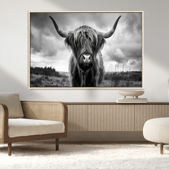 17924-MGV-FC-36X24_Natural-Highland Cow Wall Art – Black and White Rustic Longhorn Cattle Canvas Print, Farmhouse Animal Photography Decor for Country Home