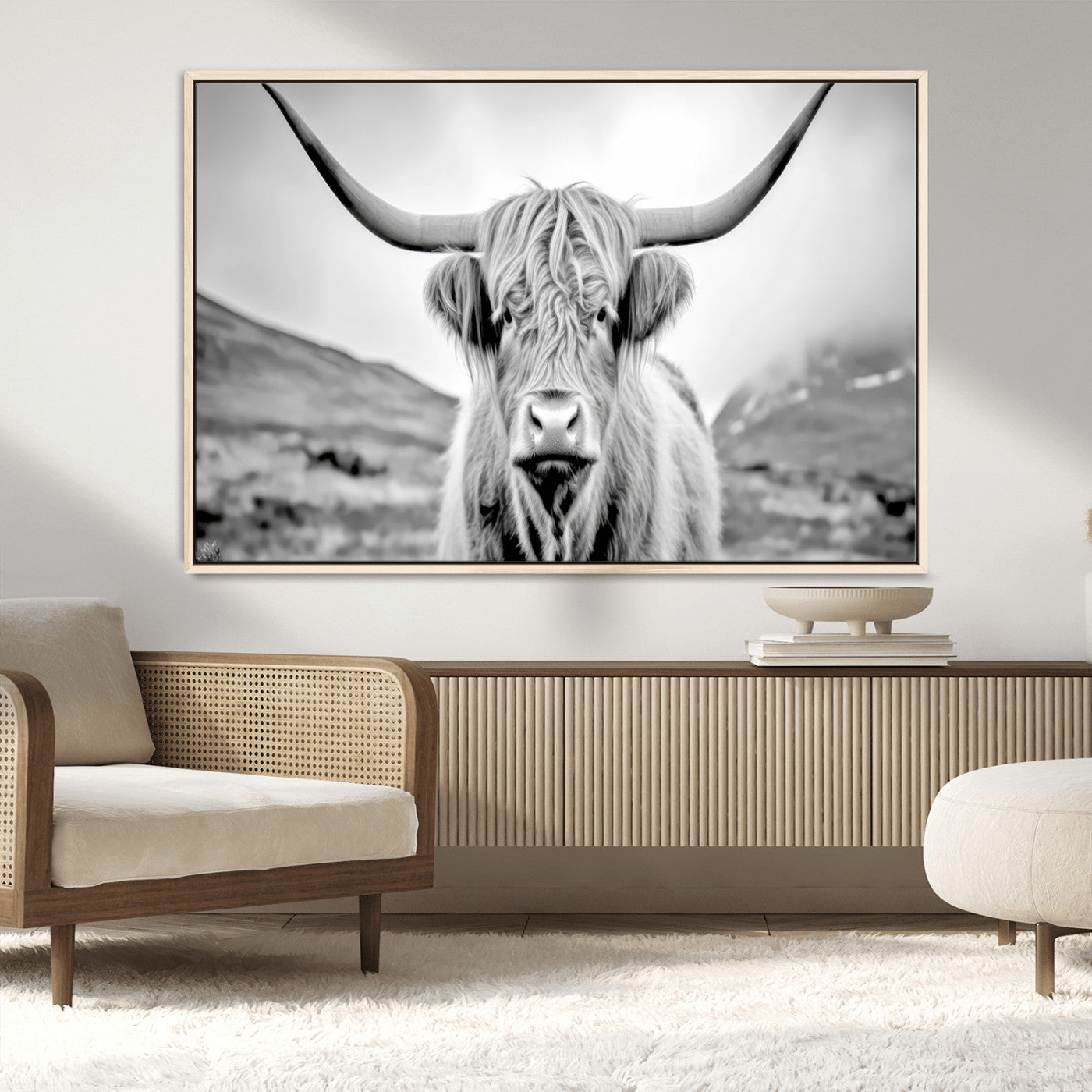 80564-MGV-FC-36X24_Natural-Highland Cow Wall Art – Black and White Scottish Highland Canvas Print, Rustic Farmhouse Decor for Living Room, Bedroom or Office