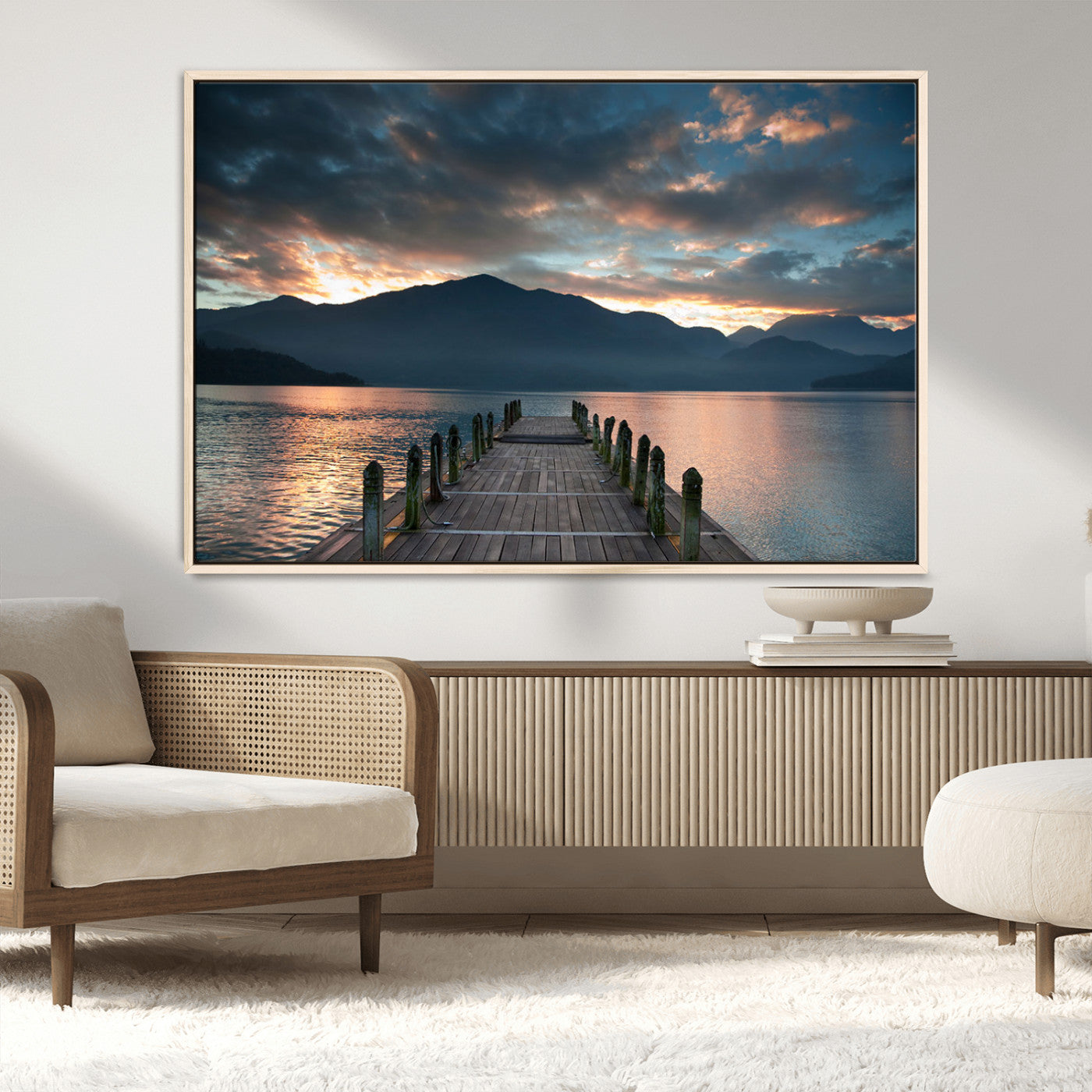20442-MGV-FC-36X24_Natural-Lakeside Sunset Dock Wall Art – Peaceful Mountain Lake Canvas Print, Serene Nature Landscape Decor for Living Room, Bedroom or