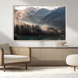 61116-MGV-CV-36X24-Misty Mountain Lake Wall Art – Tranquil Foggy Forest and Lake Canvas Print, Scenic Nature Landscape Decor for Living Room or