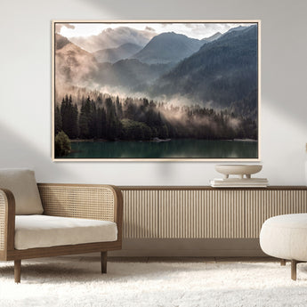 61116-MGV-CV-36X24-Misty Mountain Lake Wall Art – Tranquil Foggy Forest and Lake Canvas Print, Scenic Nature Landscape Decor for Living Room or