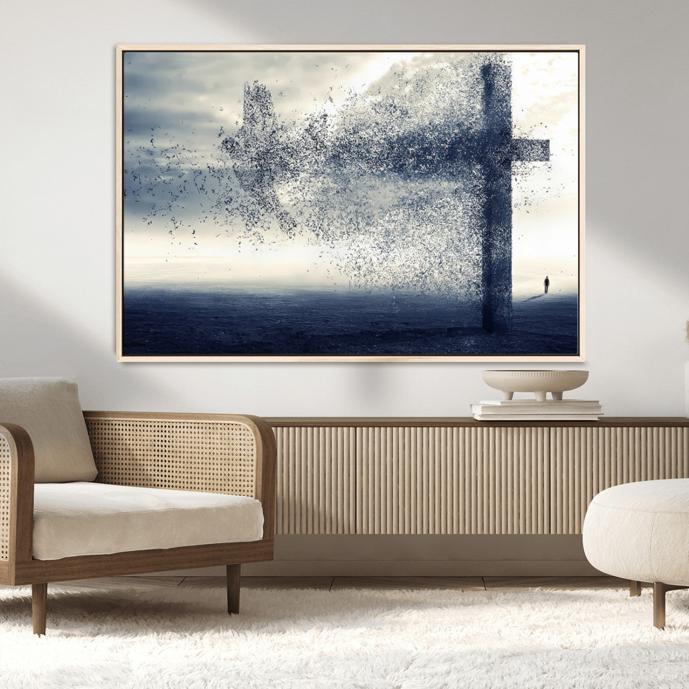 55718-MGV-FC-36X24_Natural-Surreal Cross Wall Art – Spiritual Faith Canvas Print, Abstract Christian Artwork with Modern Religious Symbol for Living Room,