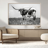 94709-MGV-CV-36X24-Texas Longhorn Wall Art – Black and White Bull Photography Canvas Print, Western Farmhouse Wall Decor for Living Room, Office or