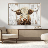 71551-MGV-FC-36X24_Natural-Longhorn Bull Wall Art – Rustic Western Cow Canvas Print, Farmhouse Animal Painting with Wood Plank Style for Living Room, Office