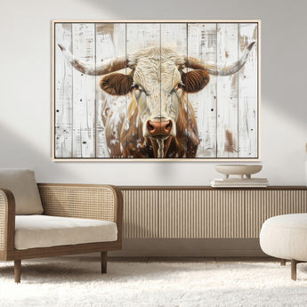 71551-MGV-FC-36X24_Natural-Longhorn Bull Wall Art – Rustic Western Cow Canvas Print, Farmhouse Animal Painting with Wood Plank Style for Living Room, Office